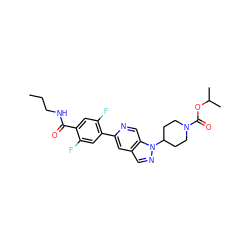 CCCNC(=O)c1cc(F)c(-c2cc3cnn(C4CCN(C(=O)OC(C)C)CC4)c3cn2)cc1F ZINC000653859623