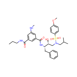 CCCNC(=O)c1cc(NC)cc(C(=O)N[C@@H](Cc2ccccc2)[C@H](O)CN(CC(C)C)S(=O)(=O)c2ccc(OC)cc2)c1 ZINC000143921985