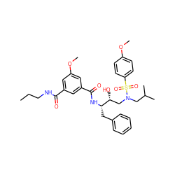 CCCNC(=O)c1cc(OC)cc(C(=O)N[C@@H](Cc2ccccc2)[C@H](O)CN(CC(C)C)S(=O)(=O)c2ccc(OC)cc2)c1 ZINC000204156820