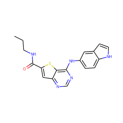 CCCNC(=O)c1cc2ncnc(Nc3ccc4[nH]ccc4c3)c2s1 ZINC000013588171