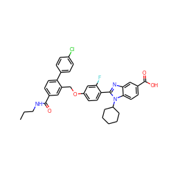 CCCNC(=O)c1ccc(-c2ccc(Cl)cc2)c(COc2ccc(-c3nc4cc(C(=O)O)ccc4n3C3CCCCC3)c(F)c2)c1 ZINC000049942269