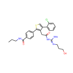 CCCNC(=O)c1ccc(-c2scc(-c3ccccc3Cl)c2CC(=O)N/C(N)=N/CCCO)cc1 ZINC000028826089