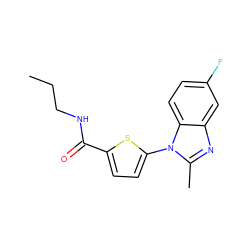 CCCNC(=O)c1ccc(-n2c(C)nc3cc(F)ccc32)s1 ZINC000169701596