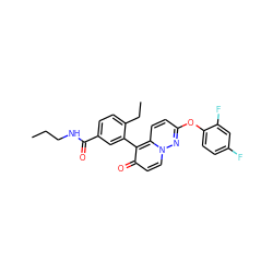 CCCNC(=O)c1ccc(CC)c(-c2c(=O)ccn3nc(Oc4ccc(F)cc4F)ccc23)c1 ZINC000084730809