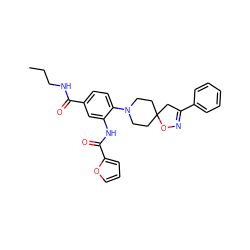 CCCNC(=O)c1ccc(N2CCC3(CC2)CC(c2ccccc2)=NO3)c(NC(=O)c2ccco2)c1 ZINC000015934877