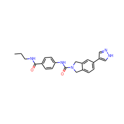 CCCNC(=O)c1ccc(NC(=O)N2Cc3ccc(-c4cn[nH]c4)cc3C2)cc1 ZINC000165776573