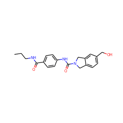 CCCNC(=O)c1ccc(NC(=O)N2Cc3ccc(CO)cc3C2)cc1 ZINC000166893930