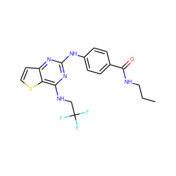 CCCNC(=O)c1ccc(Nc2nc(NCC(F)(F)F)c3sccc3n2)cc1 ZINC000063539194