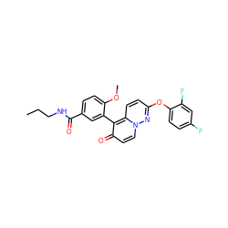 CCCNC(=O)c1ccc(OC)c(-c2c(=O)ccn3nc(Oc4ccc(F)cc4F)ccc23)c1 ZINC000084741099