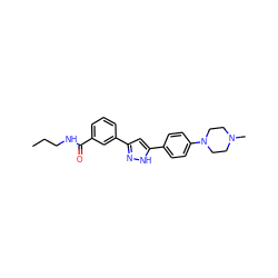 CCCNC(=O)c1cccc(-c2cc(-c3ccc(N4CCN(C)CC4)cc3)[nH]n2)c1 ZINC000066074462