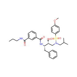 CCCNC(=O)c1cccc(C(=O)N[C@@H](Cc2ccccc2)[C@H](O)CN(CC(C)C)S(=O)(=O)c2ccc(OC)cc2)c1 ZINC000473167281