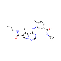 CCCNC(=O)c1cn2ncnc(Nc3cc(C(=O)NC4CC4)ccc3C)c2c1C ZINC000036475284