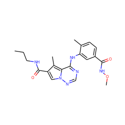 CCCNC(=O)c1cn2ncnc(Nc3cc(C(=O)NOC)ccc3C)c2c1C ZINC000014974221