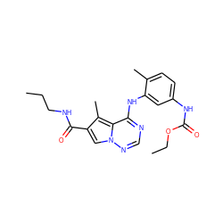 CCCNC(=O)c1cn2ncnc(Nc3cc(NC(=O)OCC)ccc3C)c2c1C ZINC000014974270