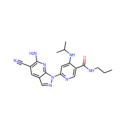 CCCNC(=O)c1cnc(-n2ncc3cc(C#N)c(N)nc32)cc1NC(C)C ZINC001772600932