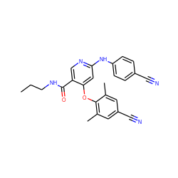 CCCNC(=O)c1cnc(Nc2ccc(C#N)cc2)cc1Oc1c(C)cc(C#N)cc1C ZINC000299822228