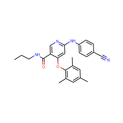 CCCNC(=O)c1cnc(Nc2ccc(C#N)cc2)cc1Oc1c(C)cc(C)cc1C ZINC000299831138