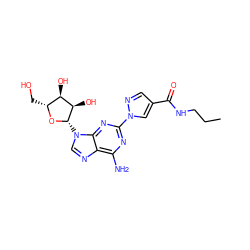 CCCNC(=O)c1cnn(-c2nc(N)c3ncn([C@@H]4O[C@H](CO)[C@@H](O)[C@H]4O)c3n2)c1 ZINC000013818949