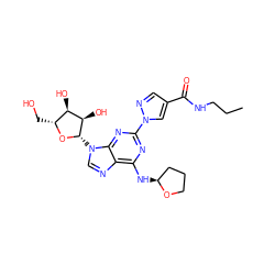 CCCNC(=O)c1cnn(-c2nc(N[C@H]3CCCO3)c3ncn([C@@H]4O[C@H](CO)[C@@H](O)[C@H]4O)c3n2)c1 ZINC000028817617