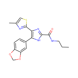 CCCNC(=O)c1nc(-c2nc(C)cs2)c(-c2ccc3c(c2)OCO3)[nH]1 ZINC000073294488