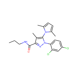 CCCNC(=O)c1nn(-c2ccc(Cl)cc2Cl)c(-n2c(C)ccc2C)c1C ZINC000066259245