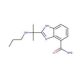 CCCNC(C)(C)c1nc2c(C(N)=O)cccc2[nH]1 ZINC000040935634