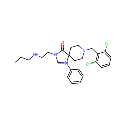 CCCNCCN1CN(c2ccccc2)C2(CCN(Cc3c(Cl)cccc3Cl)CC2)C1=O ZINC000040898755