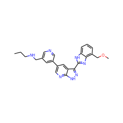 CCCNCc1cncc(-c2cnc3[nH]nc(-c4nc5c(COC)cccc5[nH]4)c3c2)c1 ZINC000028950088