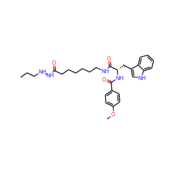 CCCNNC(=O)CCCCCCNC(=O)[C@H](Cc1c[nH]c2ccccc12)NC(=O)c1ccc(OC)cc1 ZINC001772624950