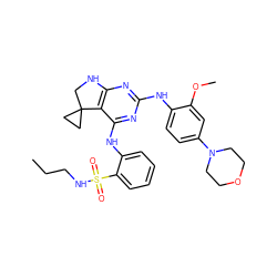 CCCNS(=O)(=O)c1ccccc1Nc1nc(Nc2ccc(N3CCOCC3)cc2OC)nc2c1C1(CC1)CN2 ZINC000221713101