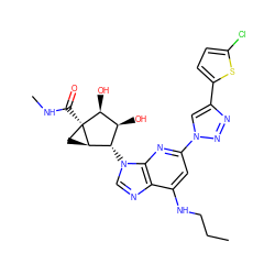 CCCNc1cc(-n2cc(-c3ccc(Cl)s3)nn2)nc2c1ncn2[C@H]1[C@H](O)[C@H](O)[C@]2(C(=O)NC)C[C@H]12 ZINC000473134888