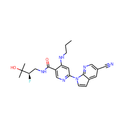 CCCNc1cc(-n2ccc3cc(C#N)cnc32)ncc1C(=O)NC[C@@H](F)C(C)(C)O ZINC001772583605