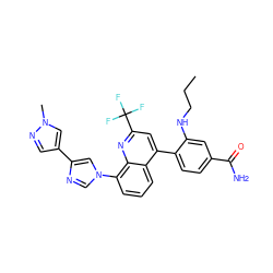 CCCNc1cc(C(N)=O)ccc1-c1cc(C(F)(F)F)nc2c(-n3cnc(-c4cnn(C)c4)c3)cccc12 ZINC000145607414