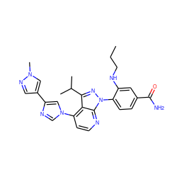 CCCNc1cc(C(N)=O)ccc1-n1nc(C(C)C)c2c(-n3cnc(-c4cnn(C)c4)c3)ccnc21 ZINC000169244012