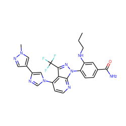 CCCNc1cc(C(N)=O)ccc1-n1nc(C(F)(F)F)c2c(-n3cnc(-c4cnn(C)c4)c3)ccnc21 ZINC000169703565