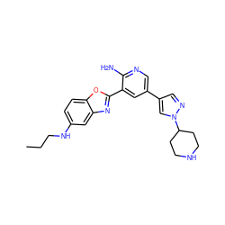 CCCNc1ccc2oc(-c3cc(-c4cnn(C5CCNCC5)c4)cnc3N)nc2c1 ZINC000103247687