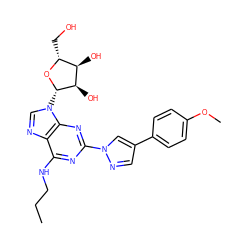 CCCNc1nc(-n2cc(-c3ccc(OC)cc3)cn2)nc2c1ncn2[C@@H]1O[C@H](CO)[C@@H](O)[C@H]1O ZINC000013582924