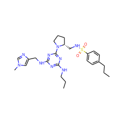 CCCNc1nc(NCc2cn(C)cn2)nc(N2CCC[C@@H]2CNS(=O)(=O)c2ccc(CCC)cc2)n1 ZINC000095553120