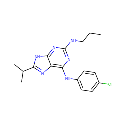 CCCNc1nc(Nc2ccc(Cl)cc2)c2nc(C(C)C)[nH]c2n1 ZINC000026724811