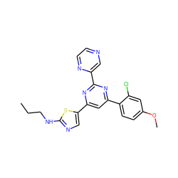 CCCNc1ncc(-c2cc(-c3ccc(OC)cc3Cl)nc(-c3cnccn3)n2)s1 ZINC000084712972