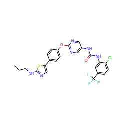 CCCNc1ncc(-c2ccc(Oc3ncc(NC(=O)Nc4cc(C(F)(F)F)ccc4Cl)cn3)cc2)s1 ZINC000143861262