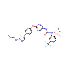 CCCNc1ncc(-c2ccc(Oc3ncc(NC(=O)Nc4cc(C(F)(F)F)ccc4S(=O)(=O)N(C)C)cn3)cc2)s1 ZINC000143856169