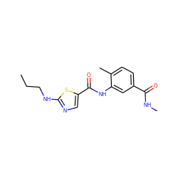 CCCNc1ncc(C(=O)Nc2cc(C(=O)NC)ccc2C)s1 ZINC000029041391