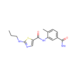 CCCNc1ncc(C(=O)Nc2cc(C(N)=O)ccc2C)s1 ZINC000029041385