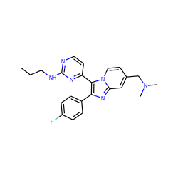 CCCNc1nccc(-c2c(-c3ccc(F)cc3)nc3cc(CN(C)C)ccn23)n1 ZINC000036160931