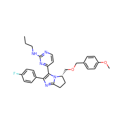 CCCNc1nccc(-c2c(-c3ccc(F)cc3)nc3n2[C@H](COCc2ccc(OC)cc2)CC3)n1 ZINC000013985862