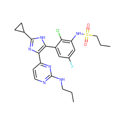 CCCNc1nccc(-c2nc(C3CC3)[nH]c2-c2cc(F)cc(NS(=O)(=O)CCC)c2Cl)n1 ZINC000096174552