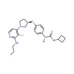 CCCNc1nccc(N2CC[C@@H](Oc3ccc([C@@H](C)C(=O)NC4CCC4)cc3)C2)c1F ZINC001772631458