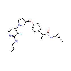 CCCNc1nccc(N2CC[C@@H](Oc3ccc([C@H](C)C(=O)N[C@@H]4C[C@@H]4C)cc3)C2)c1F ZINC000221024840