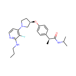 CCCNc1nccc(N2CC[C@@H](Oc3ccc([C@H](C)C(=O)NC(C)C)cc3)C2)c1F ZINC001772605202